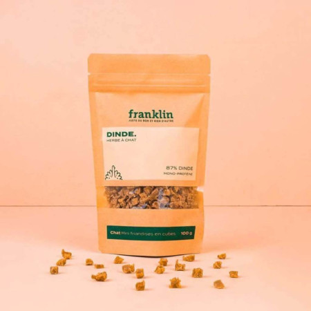 Friandise chat Franklin. Ces friandises contiennent 87% de dinde Friandise chat Franklin. Ces friandises contiennent 87% de dinde